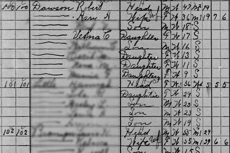 The Dawson family recorded on the 1910 census for Guernsey County, Ohio. (Source: familysearch.org)