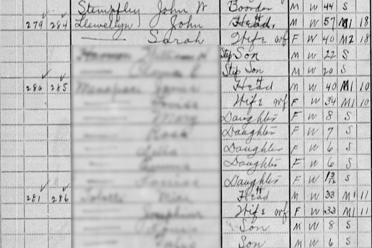 The Llewellyn family recorded on the 1910 census for Roswell, Ohio. (Source: familysearch.org)
