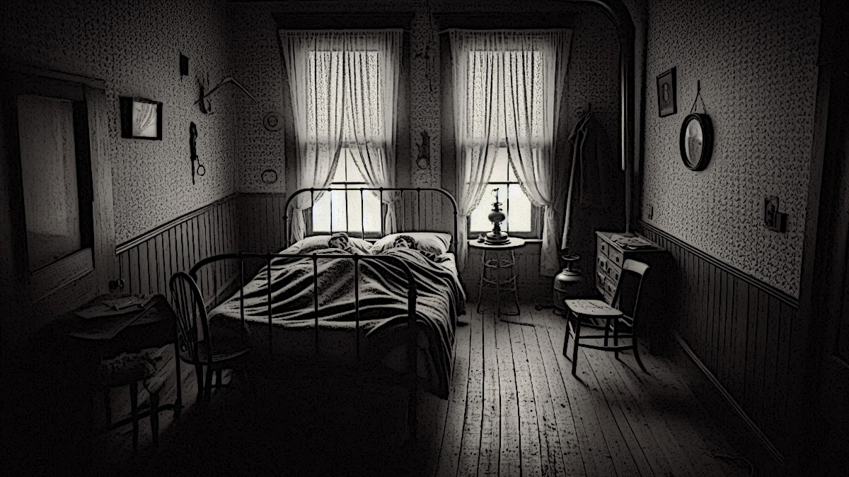 AI generated image depicting James Gray and Kitty Llewellyn on the bed in the Grimm boarding house in November 1910. (Source Microsoft Designer)