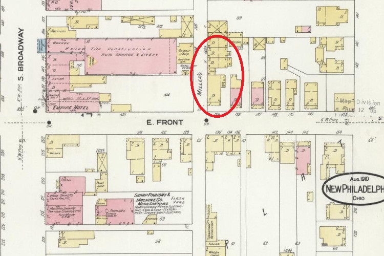 The location of Benson Grimm's residence and boarding house on East Front Street, New Philadelphia, Ohio, 1910. (Source: loc.gov)