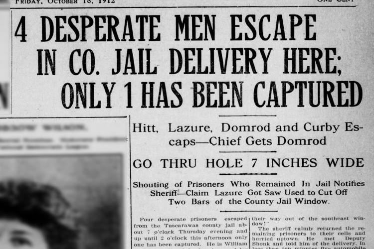 New Philadelphia, Ohio newspaper headline on the Tuscarawas County Jail prison escape, October 1912. (Source: newspaperarchive.com)