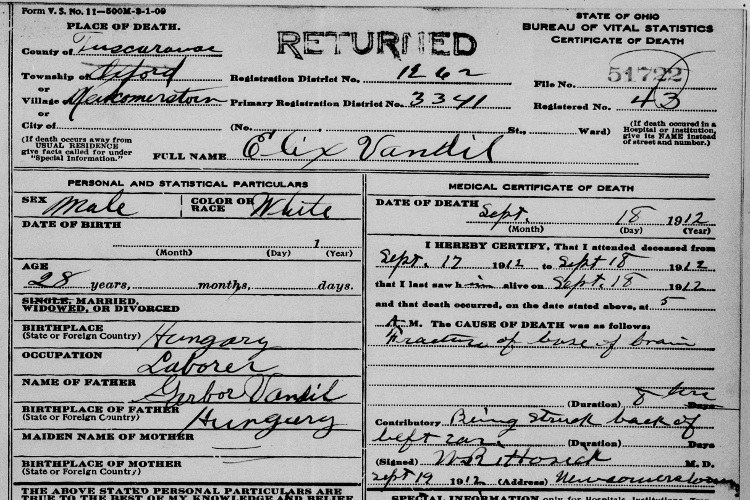 Elix Vandil's death certificate, September 1912. (Source: familysearch.org)