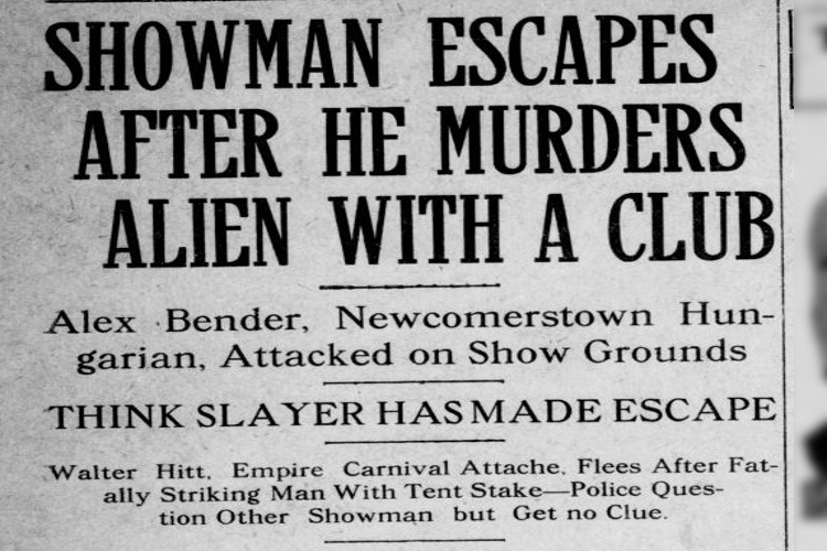 New Philadelphia, Ohio newspaper article on the murder of Elix Vandil (reported as Alex Bender), September 1912. (Source: newspaperarchive.com)