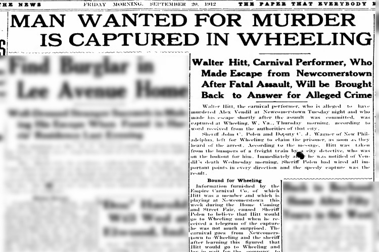 Coshocton, Ohio newspaper article on the capture of Walter Hitt for the murder of of Elix Vandil, September 1912. (Source: newspaperarchive.com)