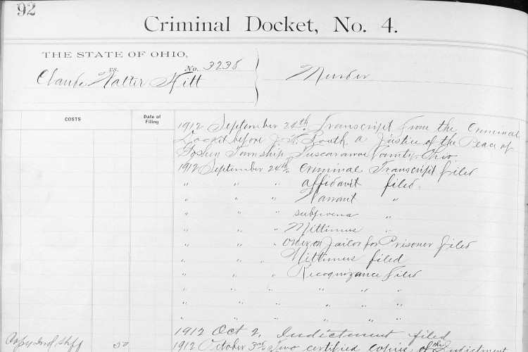 Criminal docket of Claude Walter Hitt from the Tuscarawas County Criminal Records, September 1912. (Source: familysearch.org)