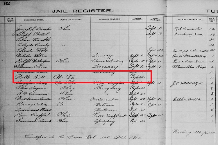 Claude Walter Hitt recorded in the Tuscarawas County Jail Register, September 1912. (Source: familysearch.org)