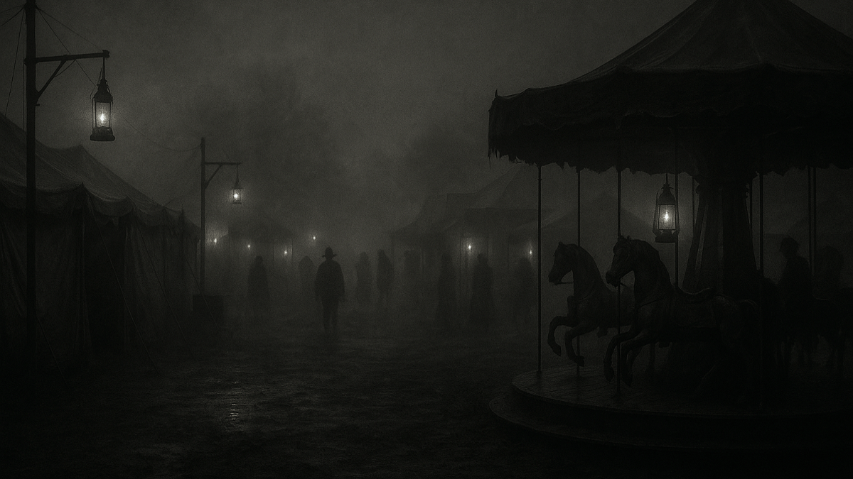 AI generated image of a 1912 dark and ominous carnival, 2025. (Source: ChatGPT)