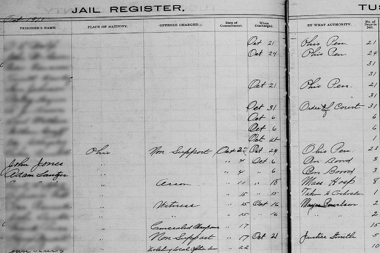 Adam Lantzer and John Jones recorded in the Tuscarawas County Jail Register, October 1913. (Source: familysearch.org)