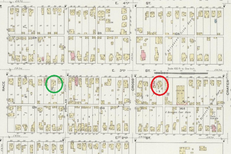 The Weber homes on East 3rd Street in Dover, Ohio. John Weber (red) and Samuel Weber (green), 1914. (Source: loc.gov)