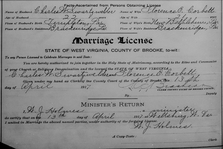 The marriage of Charles Swartzwelder and Florence Corbett recorded in the records of Brooke County, West Virginia, April 1917. (Source: archive.wvculture.org)
