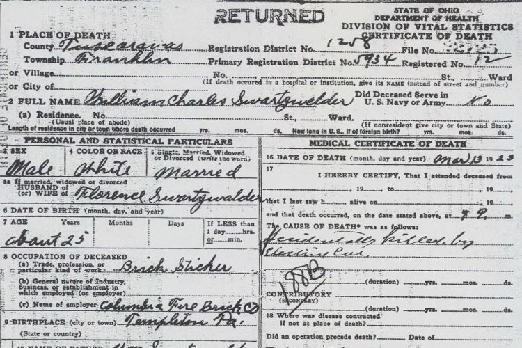 Detail from Charles Swartzwelder's death certificate, March 1923. (Source: familysearch.org)
