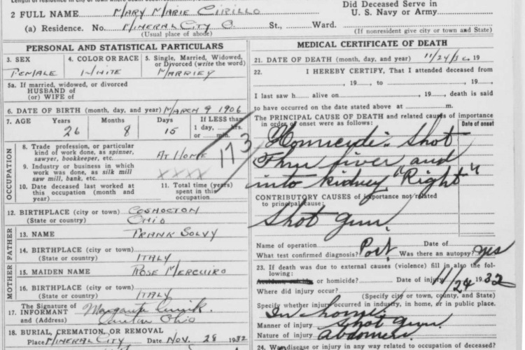 Detail from Mary Cirillo Shundry's death certificate, November 1932. (Source: familysearch.org)