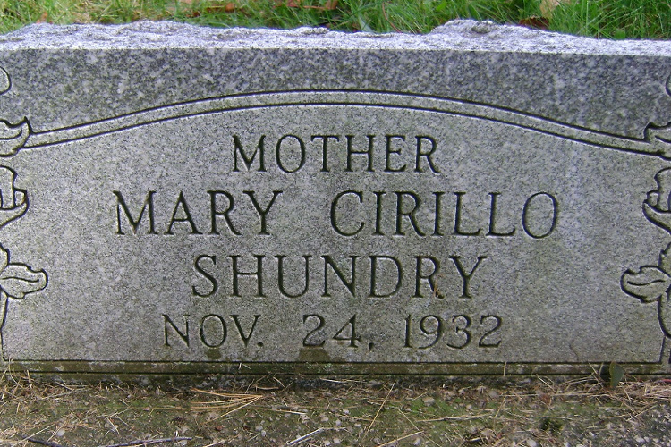 Mary Cirillo Shundry's headstone in Saint Patricks Cemetery, Mineral City, Ohio, 2014. (Source: findagrave.com)