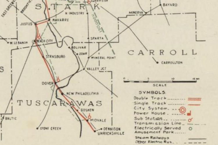Route of the Northern Ohio Traction & Light interurban railway through Tuscarawas County, Ohio, 1923. (Source: archive.org)