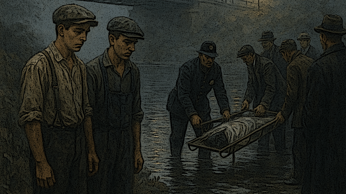 AI generated image of Florence Weber's body being removed from the Tuscarawas River in 1909. (Source: ChatGPT 2025)