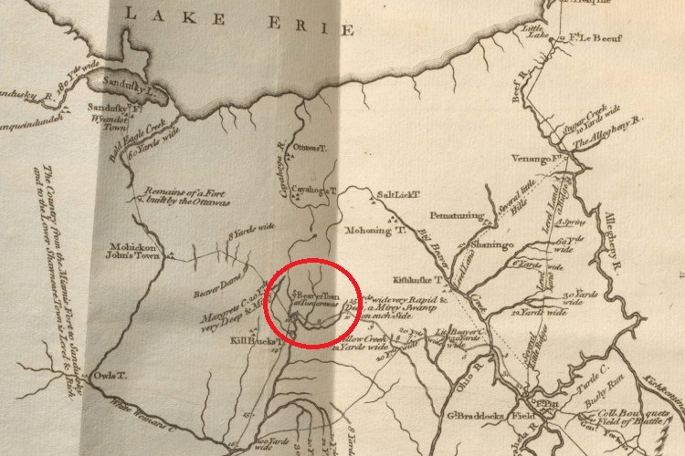 The village of Tuscarawas noted on an Henry Bouquet's map of the region, 1766. (Source: archive.org)
