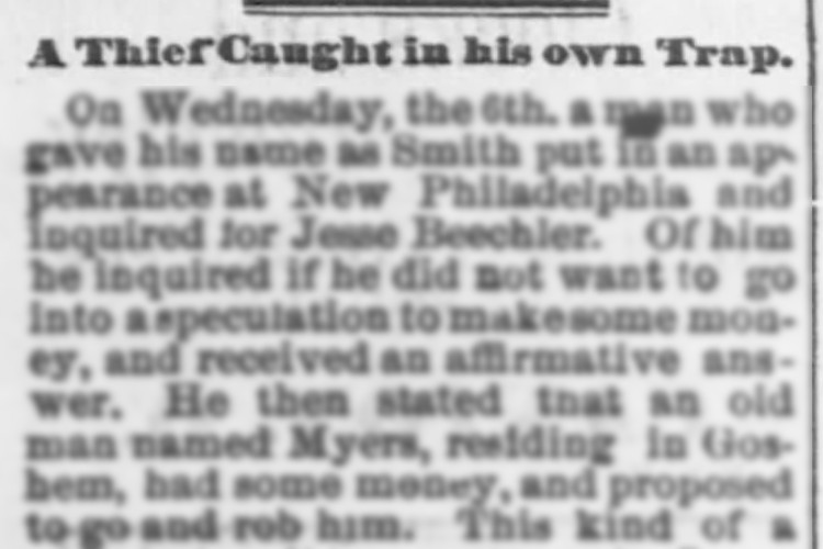 Detail from a Canton, Ohio newspaper detailing the Myers robbery attempt and arrest, November 1869. (Source: newspaperarchive.com)