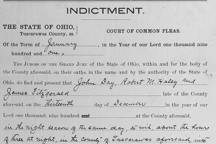 Detail from the indictment of the three burglary suspects, January 1901. (Source: familysearch.org)