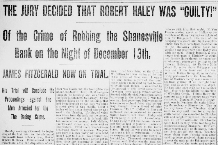 New Philadelphia, Ohio newspaper headline on the guilty verdict of burglar Robert Haley, February 1901. (Source: newspaperarchive.com)