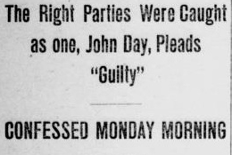 New Philadelphia, Ohio newspaper headline on the guilty plea of burglar John Day, February 1901. (Source: newspaperarchive.com)