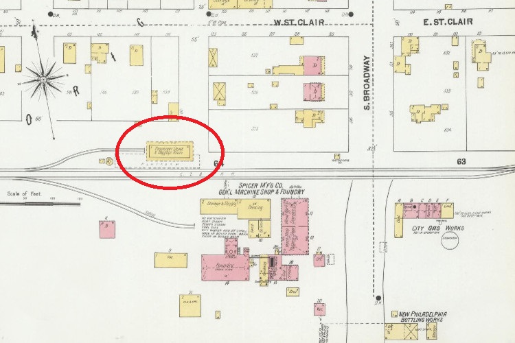 The Cleveland, Lorain and Wheeling Railway depot located in New Philadelphia, Ohio, 1901. (Source: loc.gov)