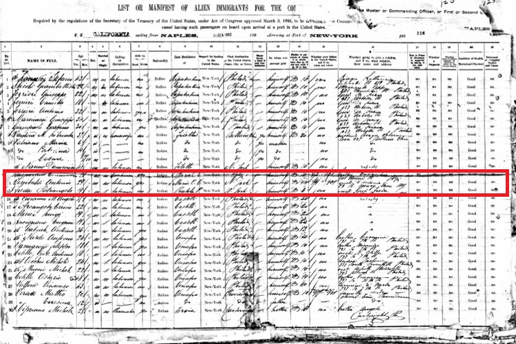 Passenger list recording Antonio Sinibaldi's arrival in New York, February 1902. (Source: ancestry.com)
