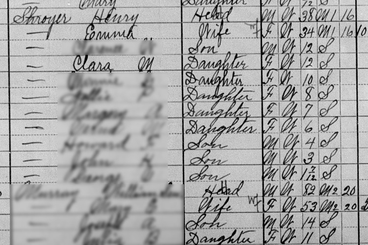 The Shroyer family recorded on the 1910 census for Sandy Township, Tuscarawas County. (Source: familysearch.org)