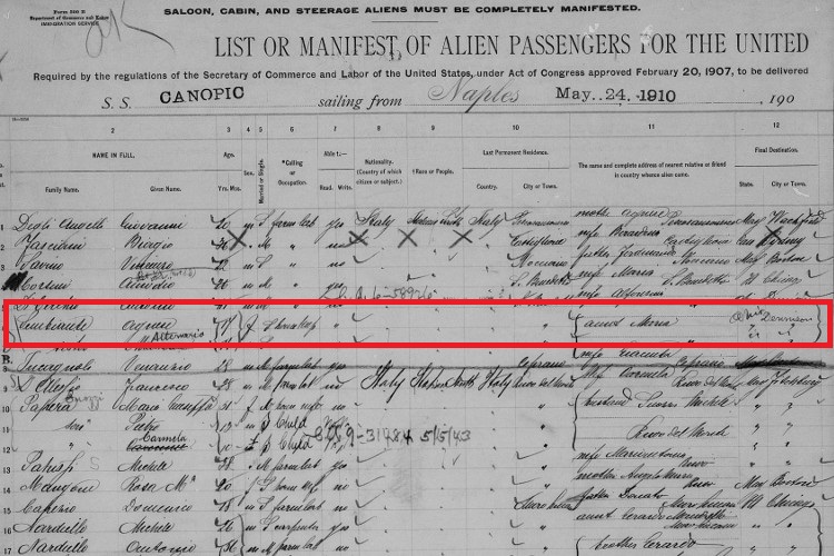 Passenger list recording Agnese Sembiante's arrival in Boston, May 1910. (Source: familysearch.com)