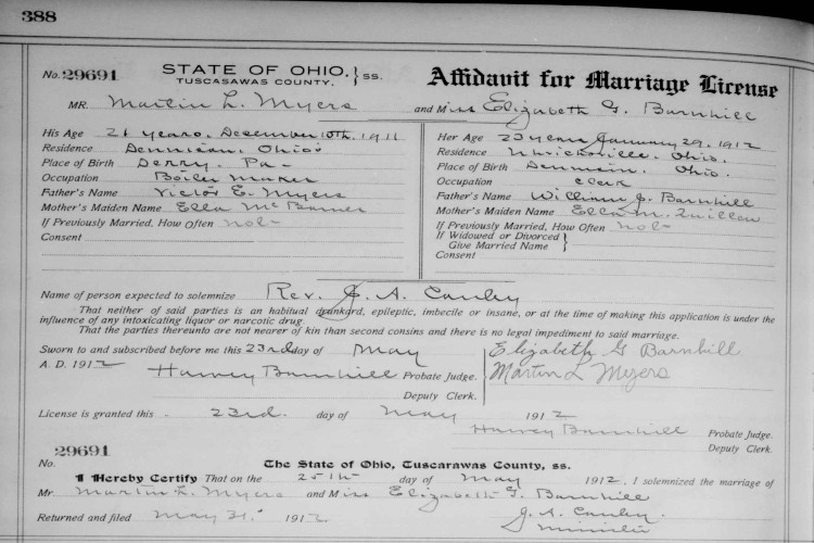 Marriage of Martin Myers and Elizabeth Barnhill recorded in the Tuscarawas County records, May 1912. (Source: familysearch.org)