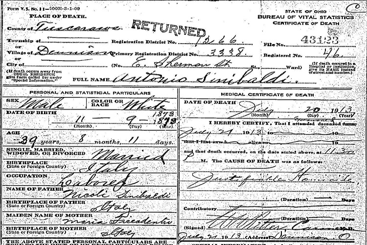 Antonio Sinibaldi's death certificate, July 1913. (Source: familysearch.org)