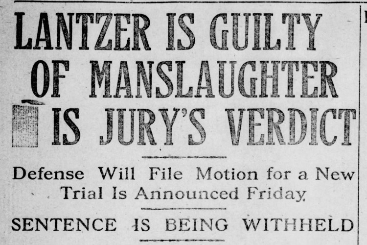 The Lantzer verdict reported in the New Philadelphia, Ohio newspaper, February 1914. (Source: newspaperarchive.com)
