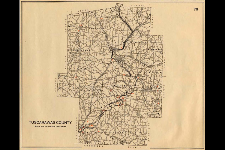 William C Mills' map showing mounds and village sites (in red) in Tuscarawas County, 1914. (Source: archive.org)