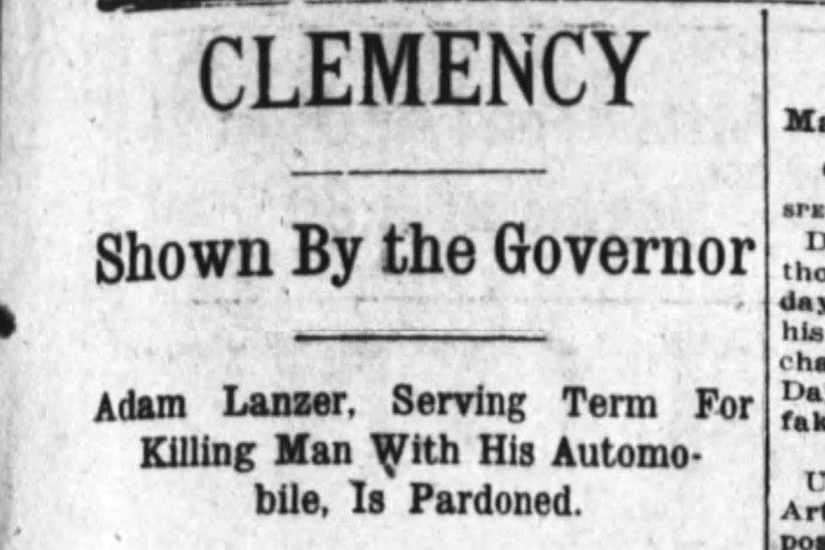 Adam Lantzer's pardon reported in a Cincinnati, Ohio newspaper, January 1916. (Source: newspaperarchive.com)