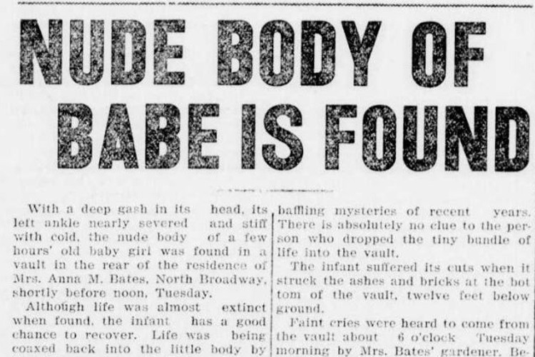 New Philadelphia, Ohio newspaper article about the discovery of the baby in the Bates cistern, May 1917. (Source: newspaperarchive.com)