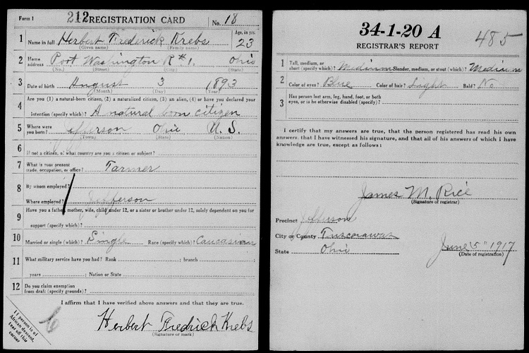 Herbert Krebs' World War One draft registration card, June 1917. (Source: familysearch.org)
