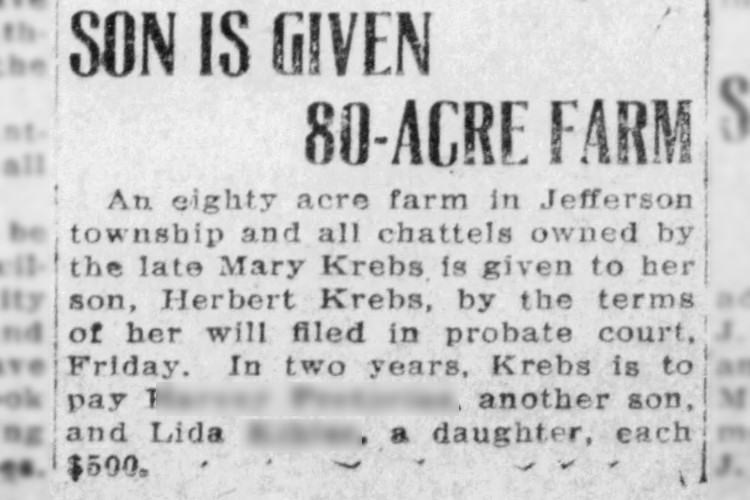 New Philadelphia, Ohio newspaper article referencing Herbert Krebs inheriting of Krebs family farm, July 1925. (Source: newspaperarchive.com)