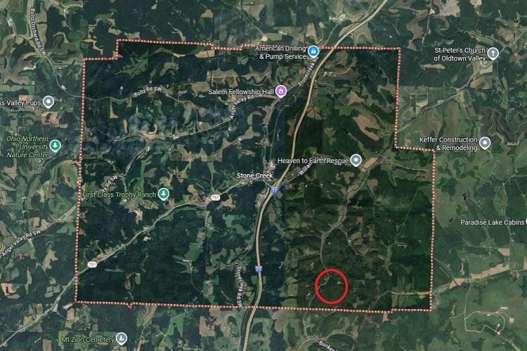 The general location of the Krebs farm shown on a modern map of Jefferson Township, Tuscarawas County, 2025. (Source: google.com)