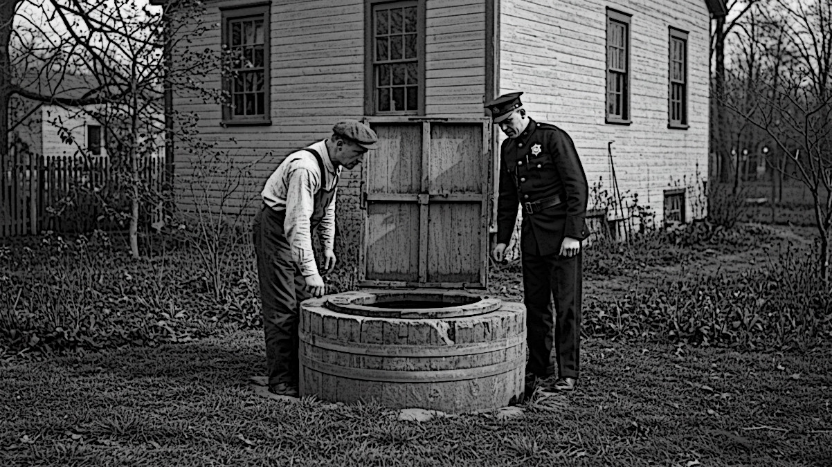 AI generated image depicting the Bates gardener and a New Philadelphia, Ohio policeman discovering a crying infant at the bottom of a cistern, 2025. (Source: Google ImageFX)