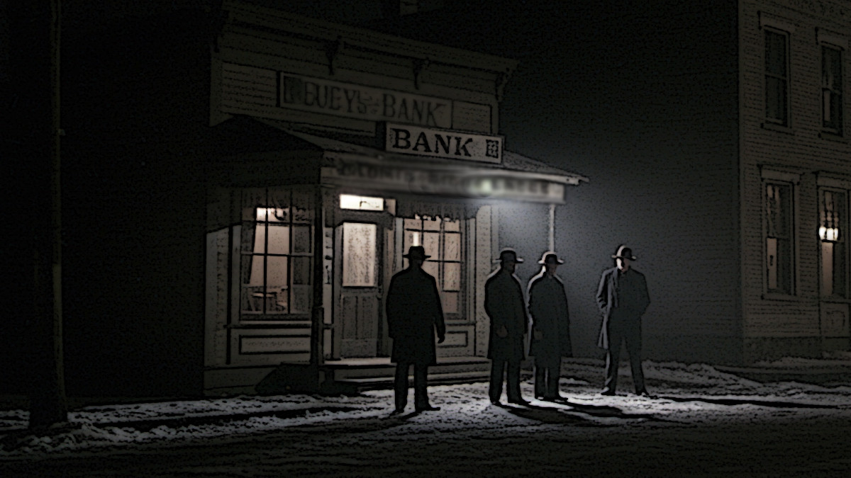 AI generated image depicting the Shanesville bank robbers outside the bank in December 1900, 2025. (Source: Google ImageFX)
