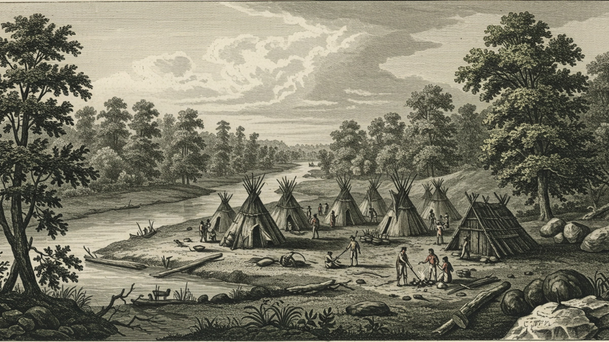 AI generated image depicting an eastern woodlands indigenous village in eastern Ohio in the 18th century, 2025. (Source: Google ImageFX)