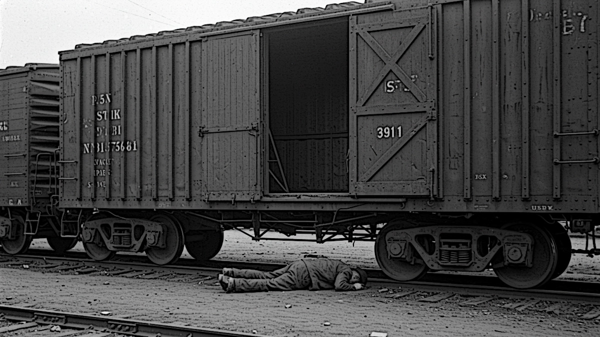 AI generated image depicting the scene of Tony Gerriod lying on the ground outside the boxcar where he was killed in September 1911, 2025. (Source: ImageFX)