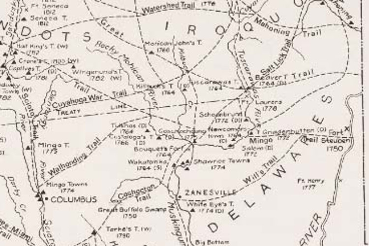 Modern map showing tribes, trails, and towns in eastern Ohio around 1776. (Source: google.com)