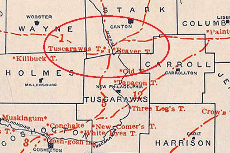 The village of Tuscarawas noted on William C. Mills map of Ohio native trails and towns, 1914. (Source: archive.org)