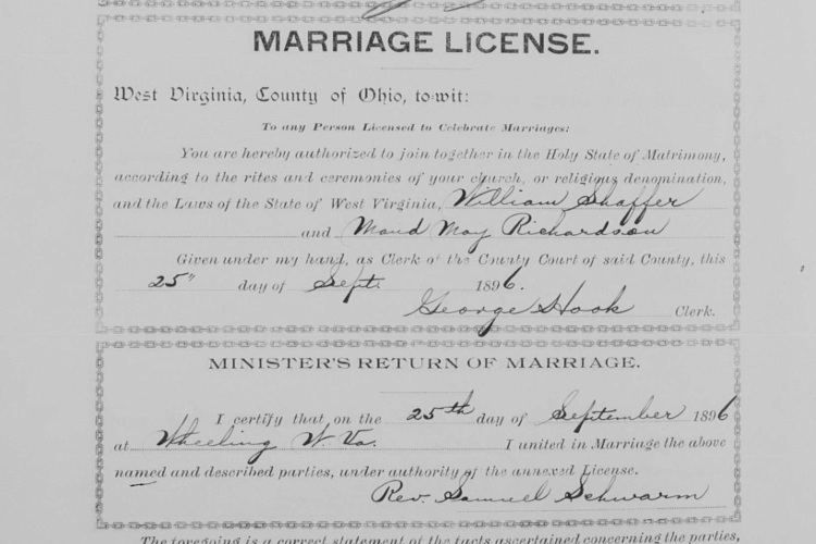West Virginia marriage license of Maud Richardson and William Shaffer, September 1896. (Source: archive.wvculture.org)