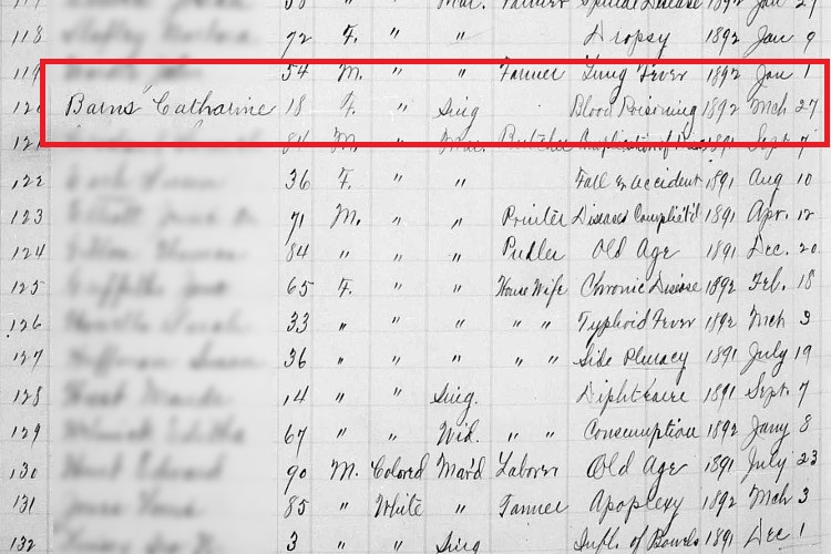 Katherine "Katie" Barnes' death recorded in the Tuscarawas County, Ohio records, March 1892. (Source: familysearch.org)