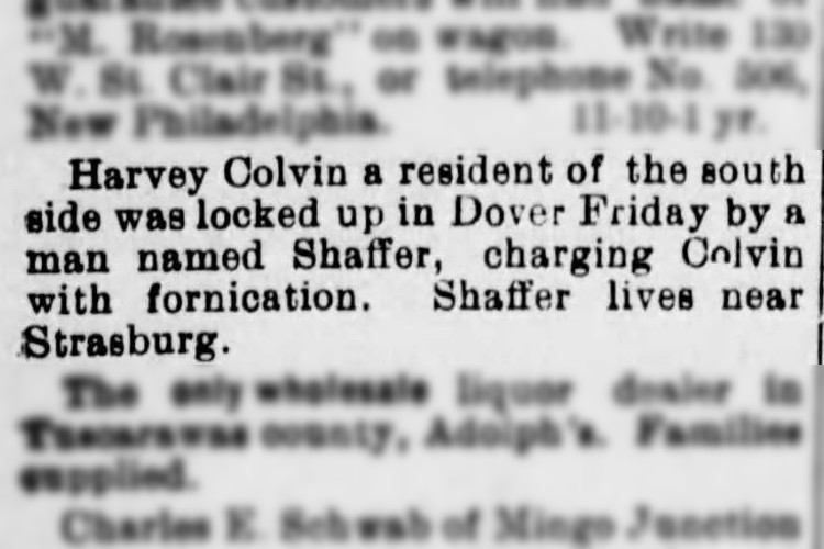 New Philadelphia, Ohio newspaper reference to Harvey Colvin's arrest for fornication, July 1905. (Source: newspaperarchive.com)