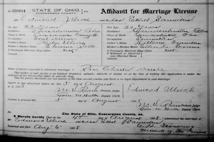 Marriage license of Edmund Ulrich and Ethel Saunders, August 1908. (Source: familysearch.org)