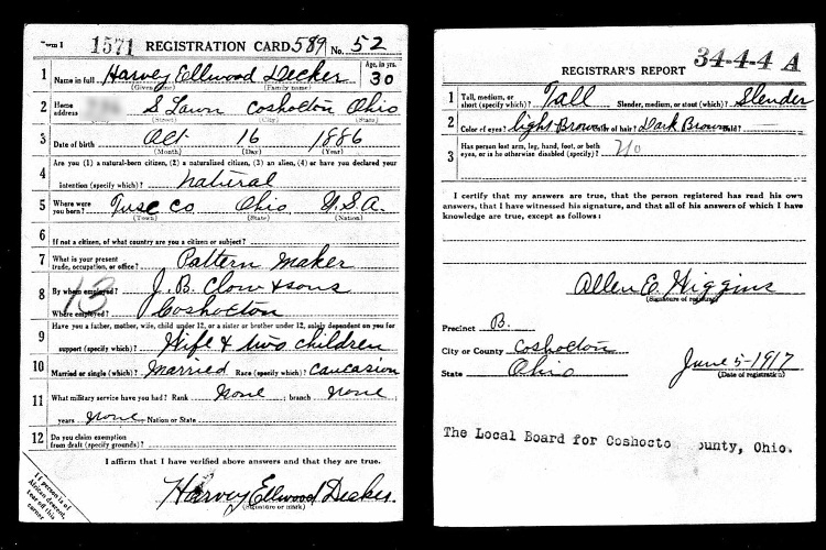 Harvey Decker's World War One draft registration card, June 1917. (Source: familysearch.org)