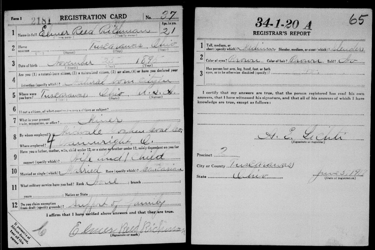 Elmer Reichman's World War One draft registration card, June 1917. (Source: familysearch.org)
