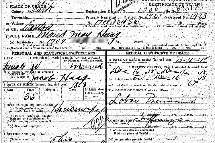 Detail from Maude Shaffer Haag's death certificate after her death from influenza in 1918. (Source: familysearch.org)